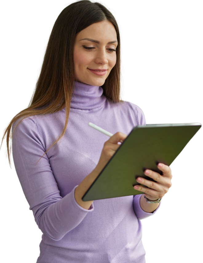 Young woman using tablet in business environment.