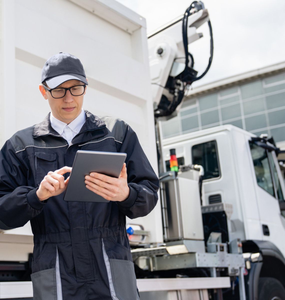 Worker dispatched to a job site using his laptop to access work order details.