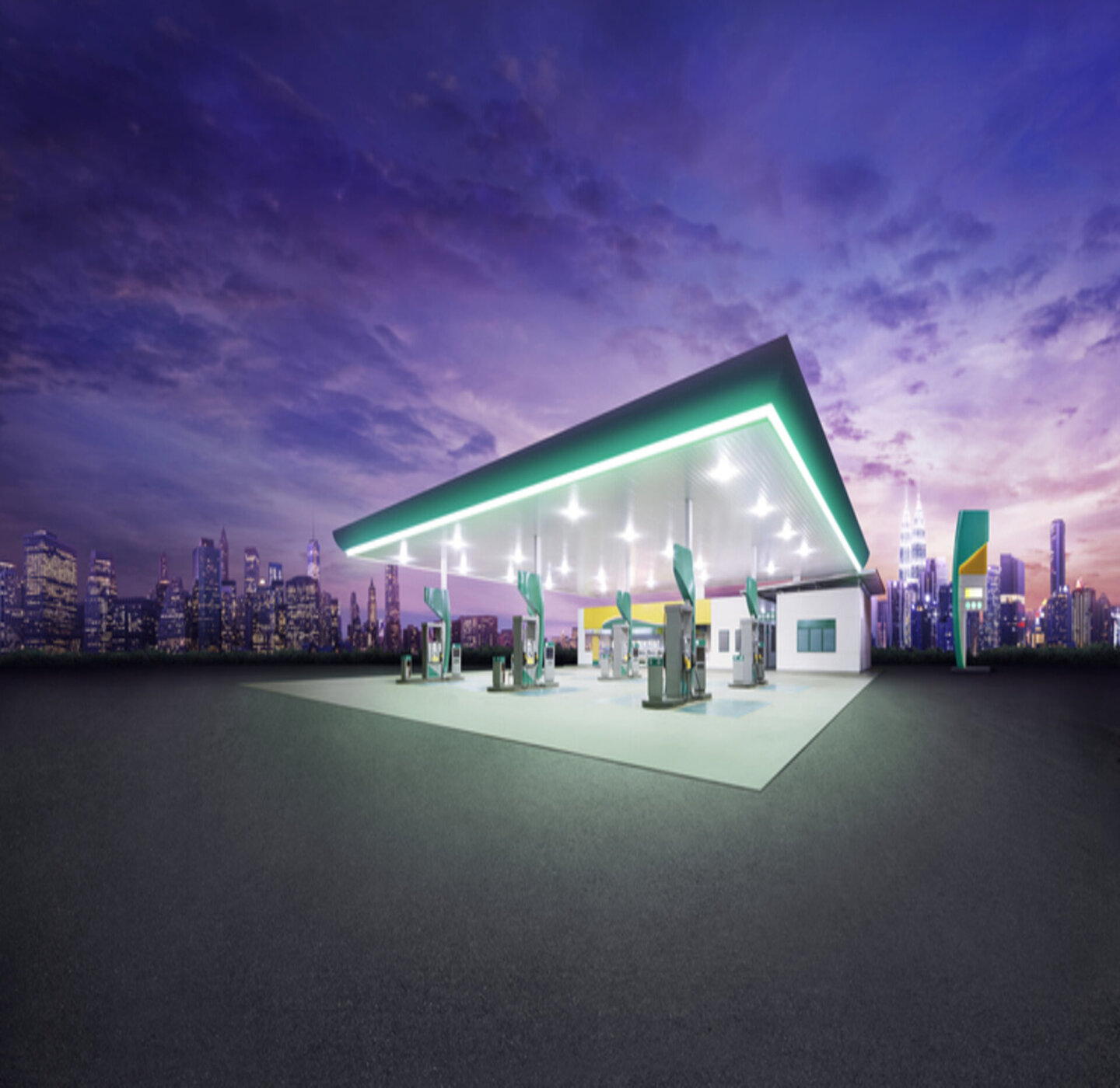 Glowing forecourt image with a city skyline in the background at night.