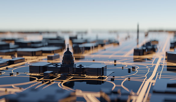 A digital rendering of a cityscape with illuminated lines representing data or energy flow, symbolizing smart infrastructure and connected public systems.