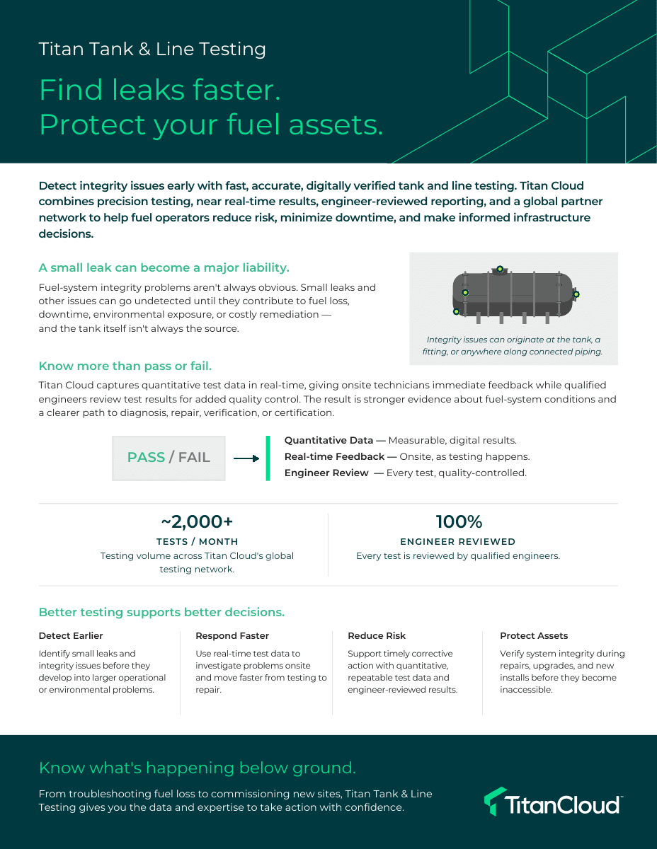 First page of the Titan Tank & Line Testing product sheet